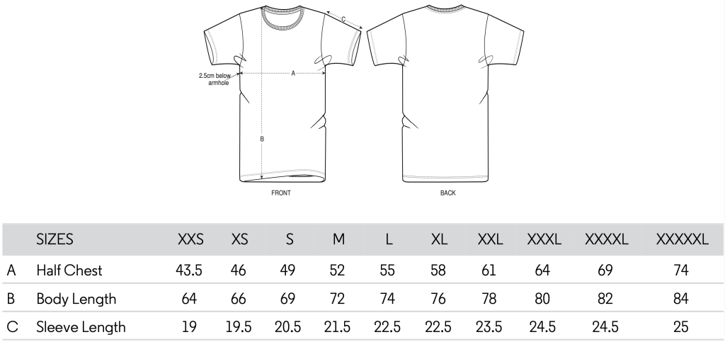 Fiction Tree T-shirt Sizing Chart